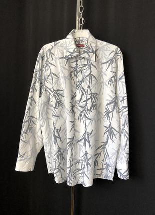 Maver рубашка белая серая «листья ивы» длинный рукав винтаж ретро интересный принт гавайка