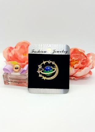 🔺🌌✨ оригинальная брошь золотистая "планета сатурн" кристаллы, эмаль, звезды, космос