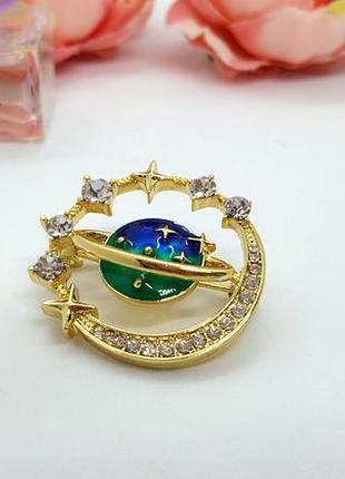 🔺🌌✨ оригинальная брошь золотистая "планета сатурн" кристаллы, эмаль, звезды, космос