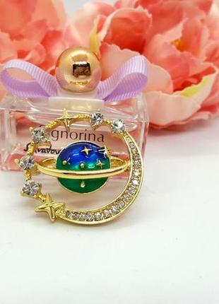 🔺🌌✨ оригинальная брошь золотистая "планета сатурн" кристаллы, эмаль, звезды, космос