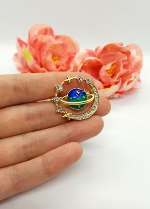 🔺🌌✨ оригинальная брошь золотистая "планета сатурн" кристаллы, эмаль, звезды, космос