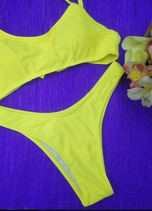 Раздельный купальник чайки высокие плавки открытая попа топ чайка жёлтый купальник яркий купальник