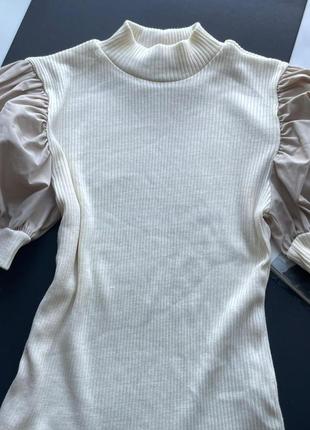 👚изысканная закрытая бежевая блузка в рубчик zara/нюдовая блуза рукава фонарики/телесная кофта👚2 фото