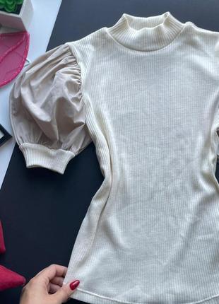👚изысканная закрытая бежевая блузка в рубчик zara/нюдовая блуза рукава фонарики/телесная кофта👚5 фото