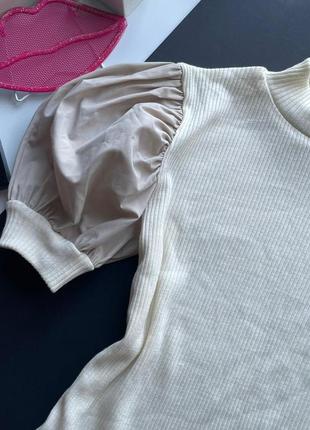 👚изысканная закрытая бежевая блузка в рубчик zara/нюдовая блуза рукава фонарики/телесная кофта👚9 фото