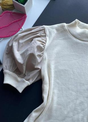 👚изысканная закрытая бежевая блузка в рубчик zara/нюдовая блуза рукава фонарики/телесная кофта👚6 фото