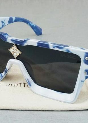 Брендові  стильні жіночі великі сонцезахисні окуляри маска біло синій мармур