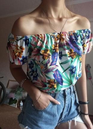 Блузка в цветочный принт, блуза с открытыми плечами, летняя блузочка1 фото