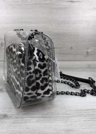 Cумка селена силиконовая с косметичкой черно-белый леопард (никель)4 фото