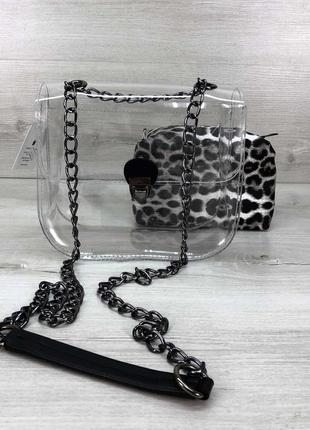 Cумка селена силиконовая с косметичкой черно-белый леопард (никель)3 фото