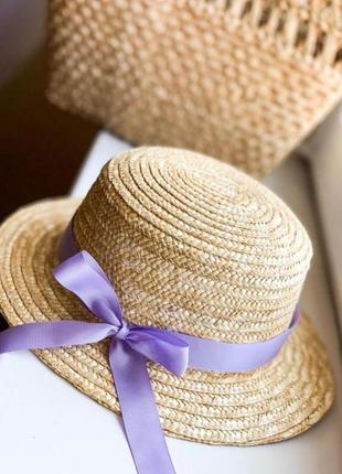 Капелюх солом'яний жіноча канотьє з фіолетовим бантом