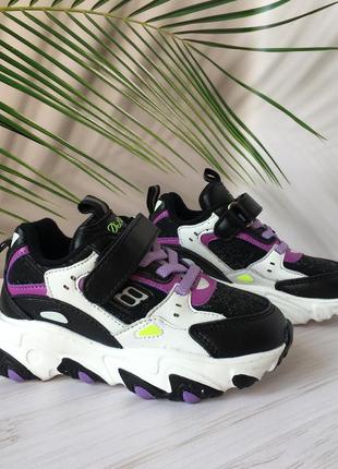 Кожаные кроссовки для девочки чёрные белые фиолетовые