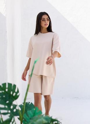 Костюм оверсайз двойка с шортами и футболкой из двуниткие кофейный 4 цвета