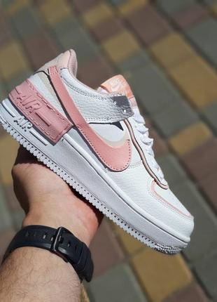 Жіночі шкіряні кеди-кросівки nike air force 1 shadow🆕найк аір форс🆕білі з рожевим