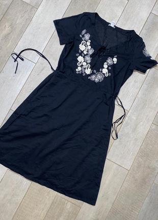 Чёрное хлопковое миди платье,вышивка,вышиванка(024)