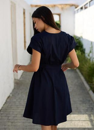 🔵приталені плаття з котону з поясом з пишною спідницею синій 4 кольори7 фото