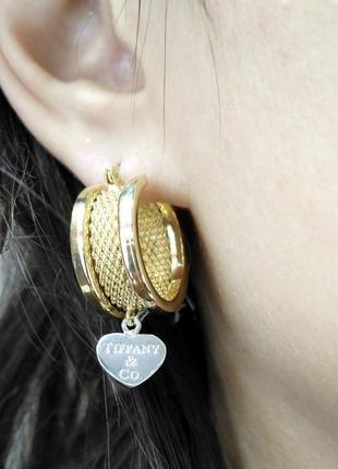 Tiffany золоті сережки з лимонного золота з сердечком з білого золота6 фото