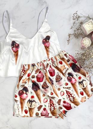 Прикольна піжама з морозиві, легка летеяя піжама топ і шорти, комплект піт і шорти