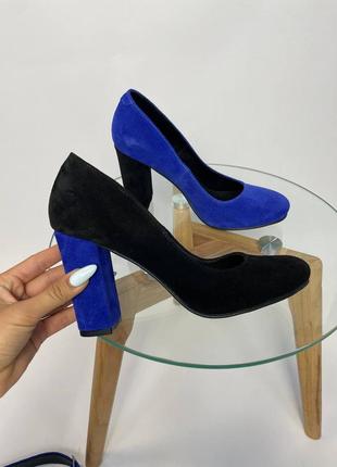 Эксклюзивные туфли из натуральной итальянской кожи и замша синие чёрные4 фото