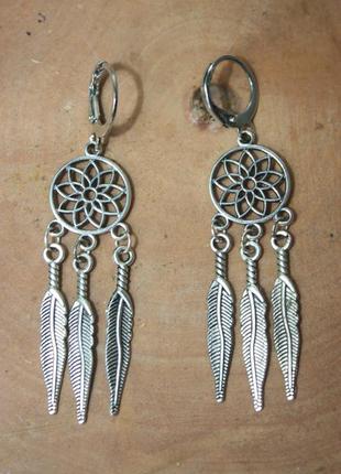 Стильные серьги ловец снов в бохо этно хиппи стиле