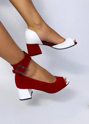 Эксклюзивные туфли из натуральной итальянской кожи и замша белые красные лодочки1 фото