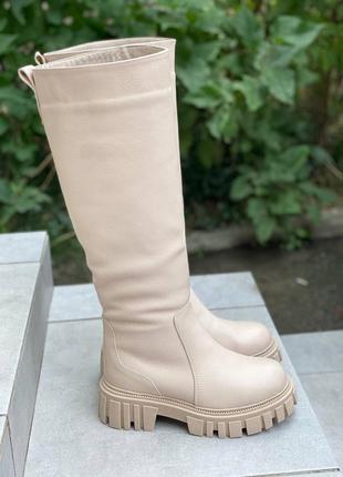 Женские кожаные сапоги трубы беж3 фото