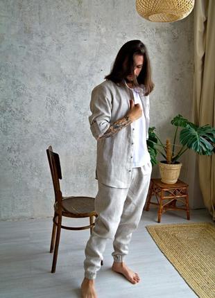 Мужской комплект рубашка, брюки ( штаны) из неокрашенного льна, льняной костюм6 фото