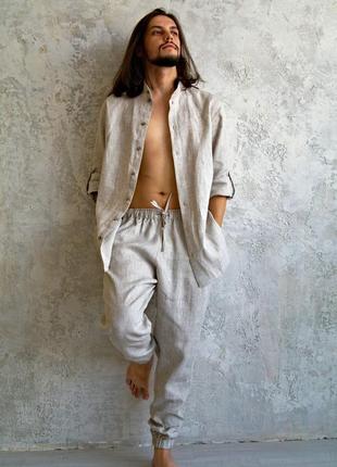 Мужской комплект рубашка, брюки ( штаны) из неокрашенного льна, льняной костюм7 фото