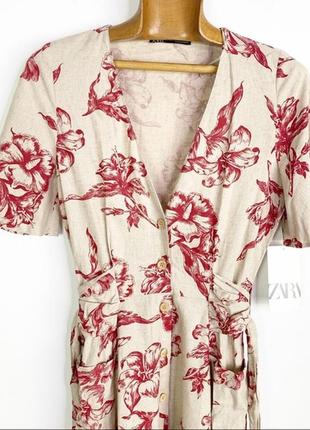 Платье миди на пуговицах zara/ленное платье с цветочным принтом. с v-образным вырезом4 фото