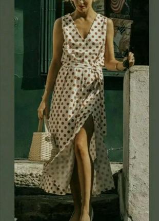 Платье миди в горошек с поясом и разрезом по бокам zara платье с v-образным вырезом8 фото