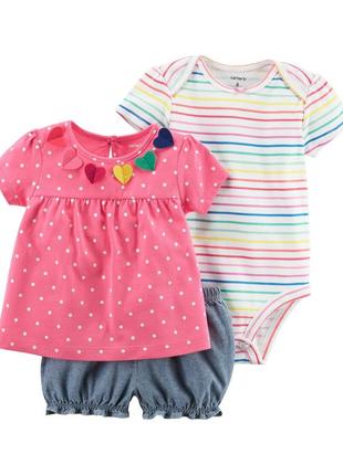 Боди футболка шорты carters. летний комплект тройка для девочки 121i129