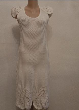 Льяное вязанное льняное платье молочного цвета, узор сердце,1 фото