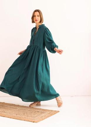 Бірюзове плаття оверсайз в стилі бохо з натурального льону2 фото