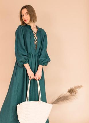 Бірюзове плаття оверсайз в стилі бохо з натурального льону3 фото