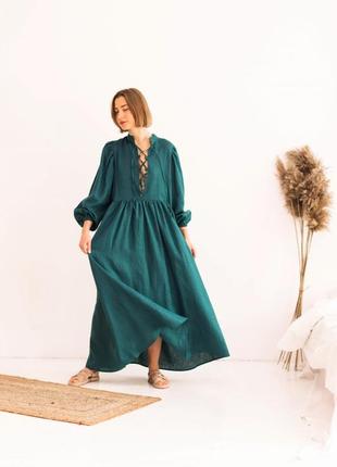 Бірюзове плаття оверсайз в стилі бохо з натурального льону4 фото