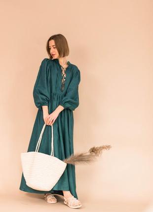 Бірюзове плаття оверсайз в стилі бохо з натурального льону5 фото