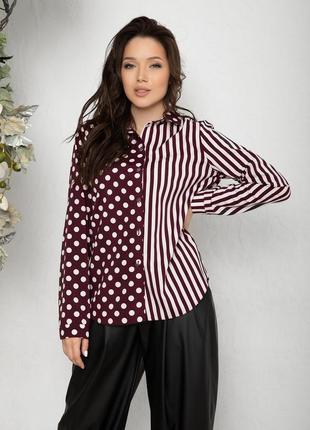 Рубашка классика с комбинированным принтом полоска горох бордо