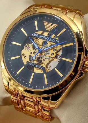 Механические мужские наручные часы скелетоны золотого цвета с автоподзаводом черный циферблат