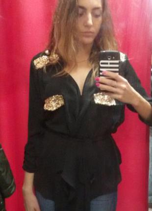 Блуза черная легкая с золотыми стразами погоны под  пояс  накидка пиджак болеро кофта1 фото