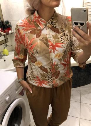 Офисная блуза,гавайский стиль , цветы, frank walker