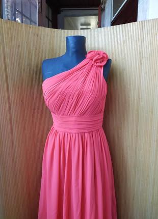 Нарядное длинное  вечернее / выпускное платье на одно плечо коралловое розовое2 фото