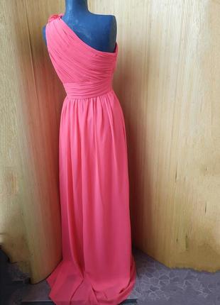 Нарядное длинное  вечернее / выпускное платье на одно плечо коралловое розовое4 фото