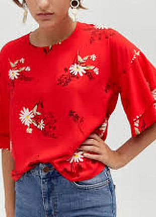 Новая с биркой свободная прямая блузка короткий ярусный рукав принт ромашки вискоза (xxl) warehouse