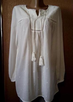 Блузка белая натуральная лёгкая свободная длинный рукав вышивка плюмети хлопок вискоза mango1 фото