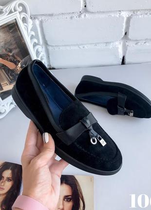 Лоферы женские в стиле лоро пиана, черные туфли осенние замшевые, жіночі лофери, туфлі чорні на низькій підошві2 фото