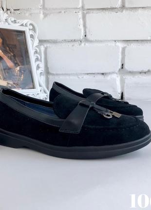 Лоферы женские в стиле лоро пиана, черные туфли осенние замшевые, жіночі лофери, туфлі чорні на низькій підошві4 фото