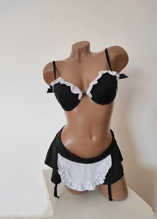 Костюм горничной комплект набор черный бюстгальтер юбка купальник секси эротик игрушки ролевые игры1 фото