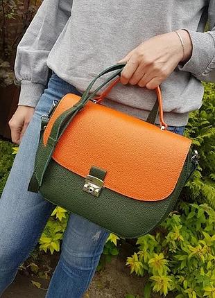 Сумка женская средняя натуральная кожа, зеленая / оранжевый флотар 1792