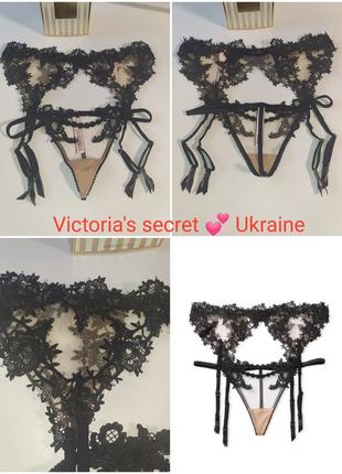 Кружевной пояс для чулков victoria's secret black lace garter виктория сикрет