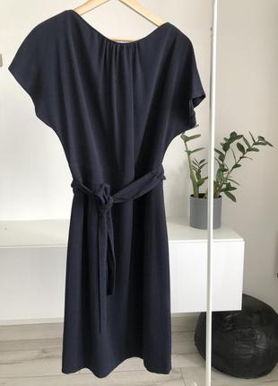 Платье esprit синее с поясом с рукавами по фигуре эсприт платье женское